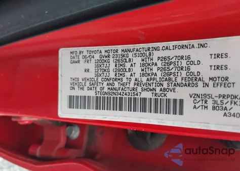2004 Toyota Tacoma Prerunner V6 z USA, uszkodzony, nr VIN 5TEGN92N34Z431547